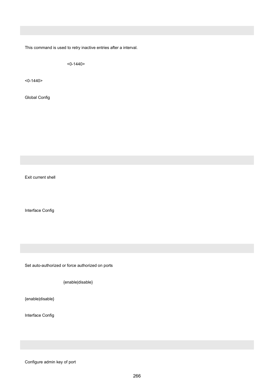 Ipsrcgd retry interval, 4 interface config mode commands, 1 exit command | Exit, 2 dot1x command, Set 802.1x port control, 3 lacp command, Lacp admin | PLANET WGSW-5242 User Manual | Page 266 / 286