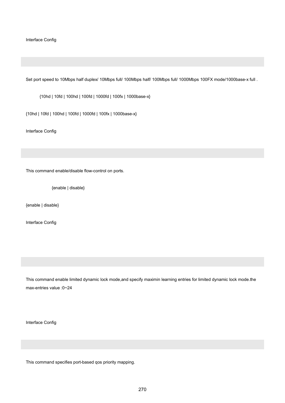 Speed, Flow-control, 6 port-security command | Port-security lock-mode dynamic max-entries 24, Port-security none | PLANET WGSW-5242 User Manual | Page 270 / 286