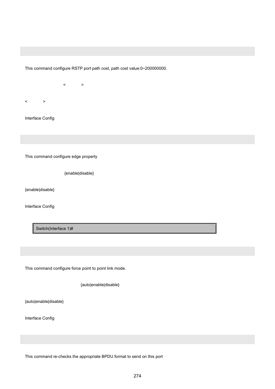 8 spanning tree command, Spanning-tree cost, Spanning-tree edge | Spanning-tree force-p2plink, Spanning-tree migration-check | PLANET WGSW-5242 User Manual | Page 274 / 286