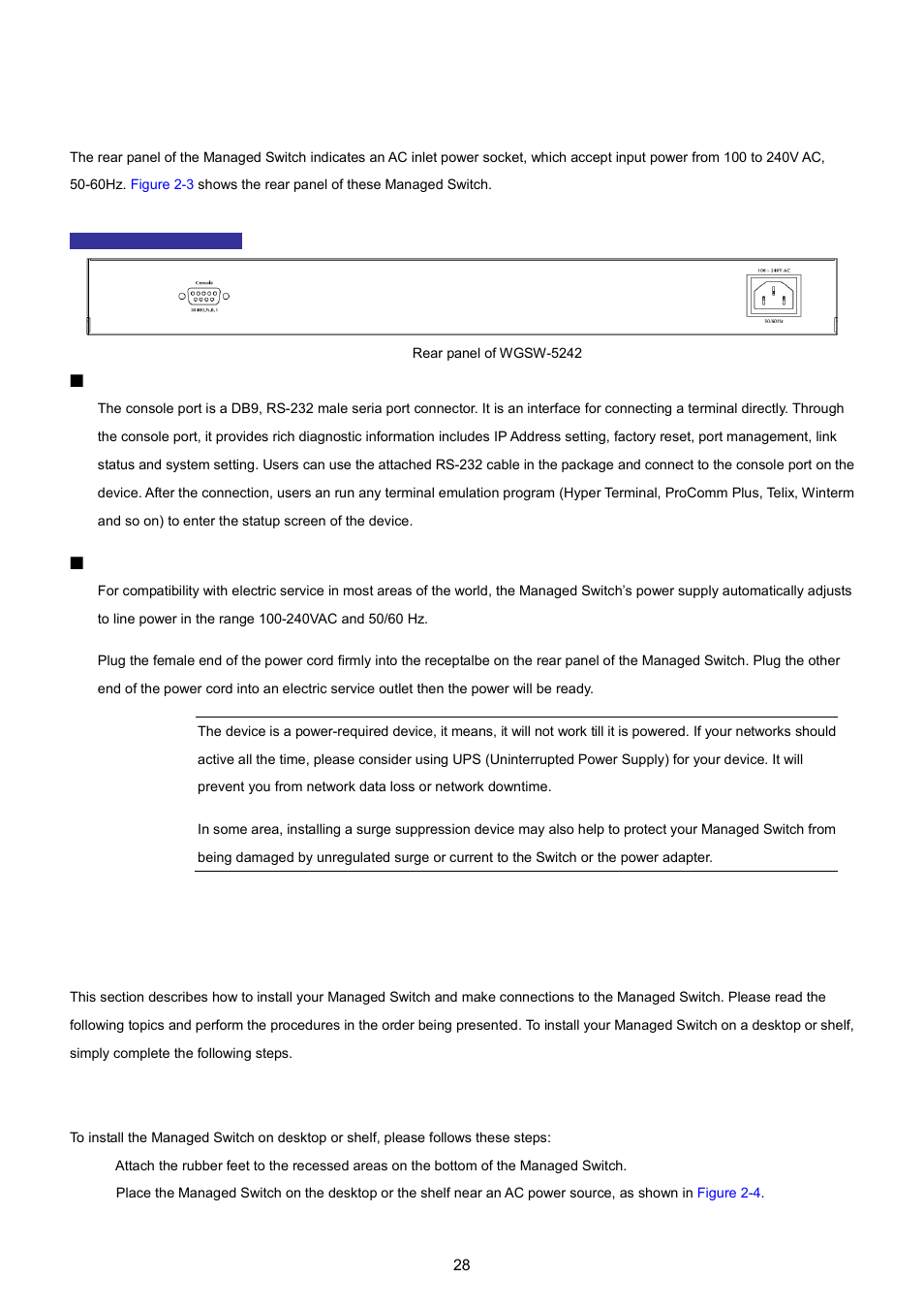 3 switch rear panel, 2 install the switch, 1 desktop installation | PLANET WGSW-5242 User Manual | Page 28 / 286