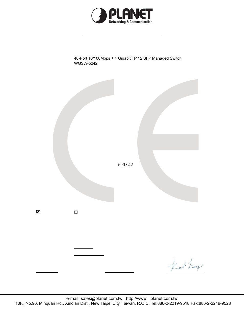 Ec declaration of conformity, Planet technology corporation | PLANET WGSW-5242 User Manual | Page 286 / 286