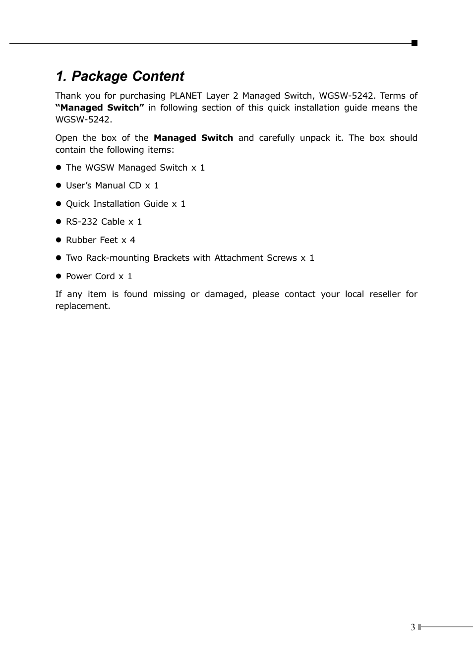 Package content | PLANET WGSW-5242 User Manual | Page 3 / 12