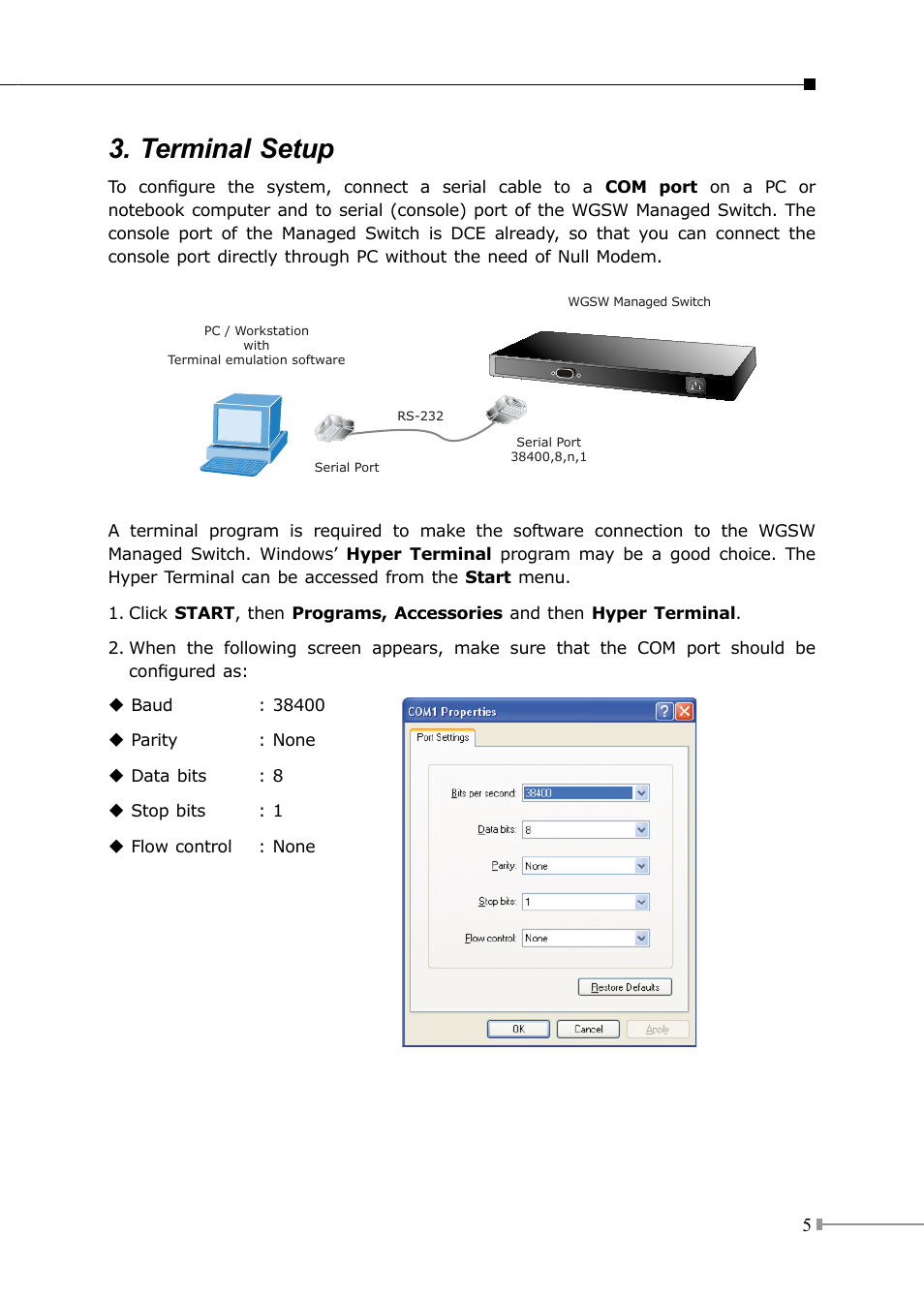 Terminal setup | PLANET WGSW-5242 User Manual | Page 5 / 12