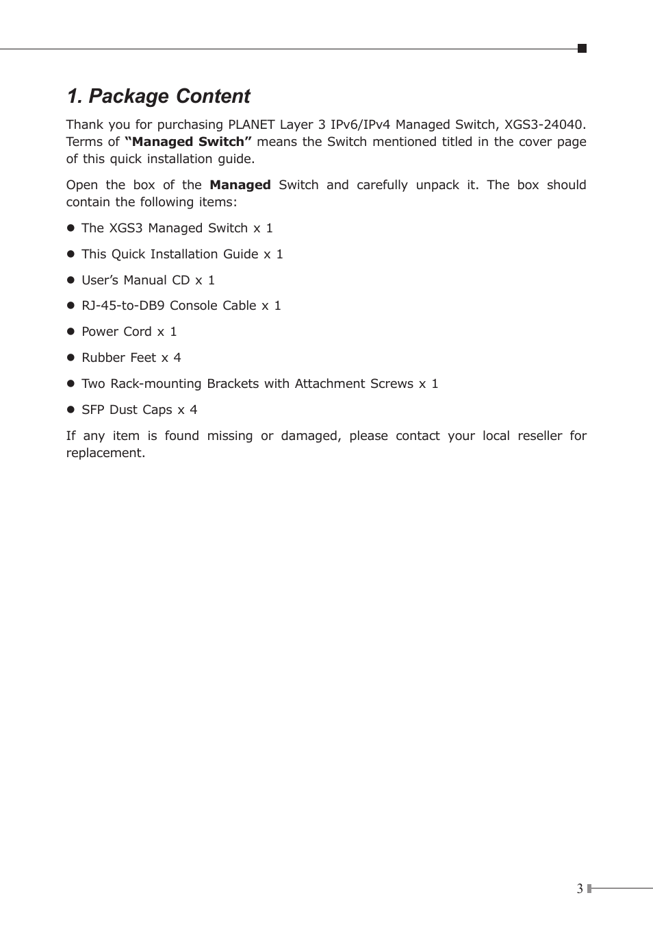 Package content | PLANET XGS3-24040 User Manual | Page 3 / 16