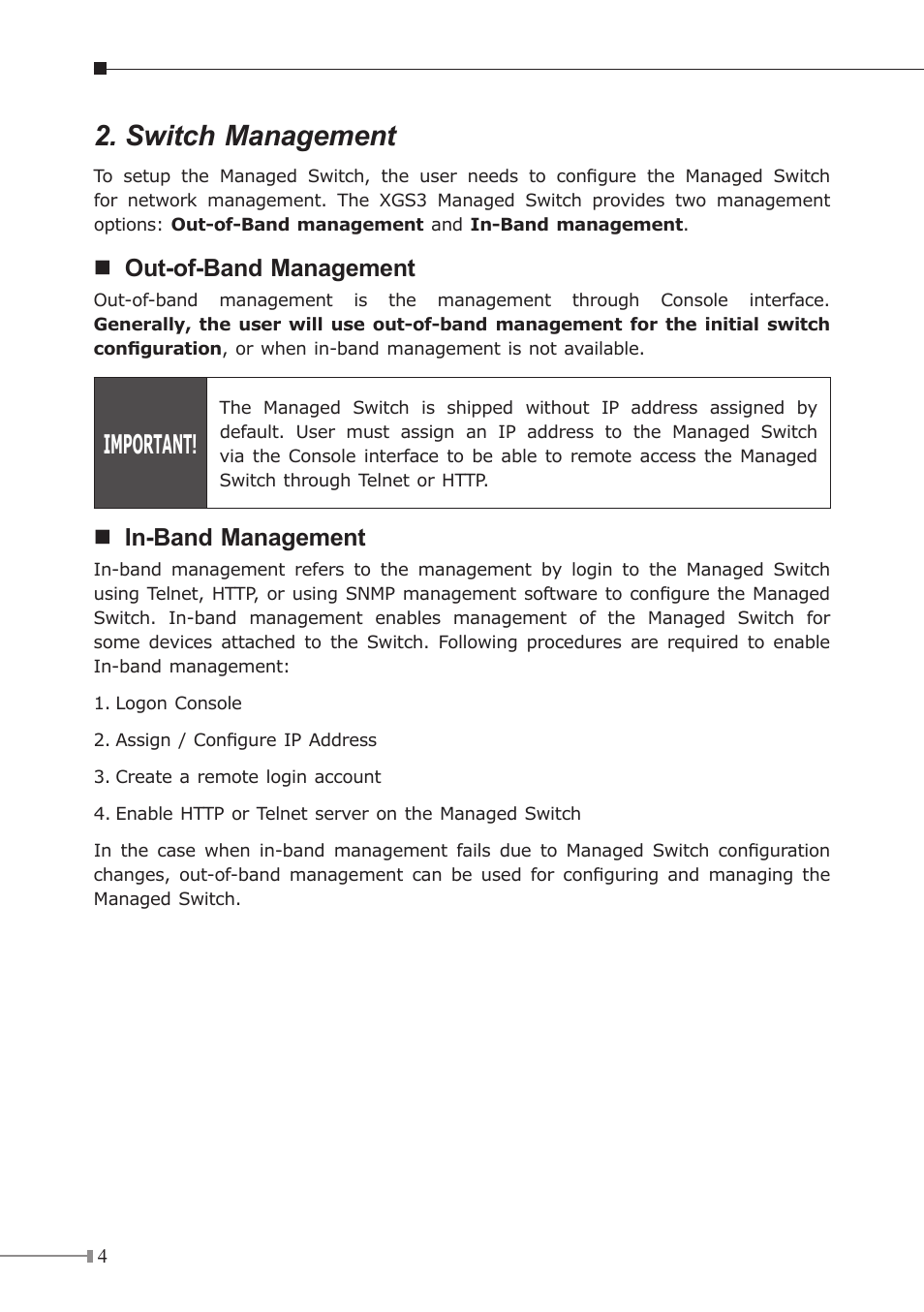 Switch management, Important, Nout-of-band management | Nin-band management | PLANET XGS3-24040 User Manual | Page 4 / 16