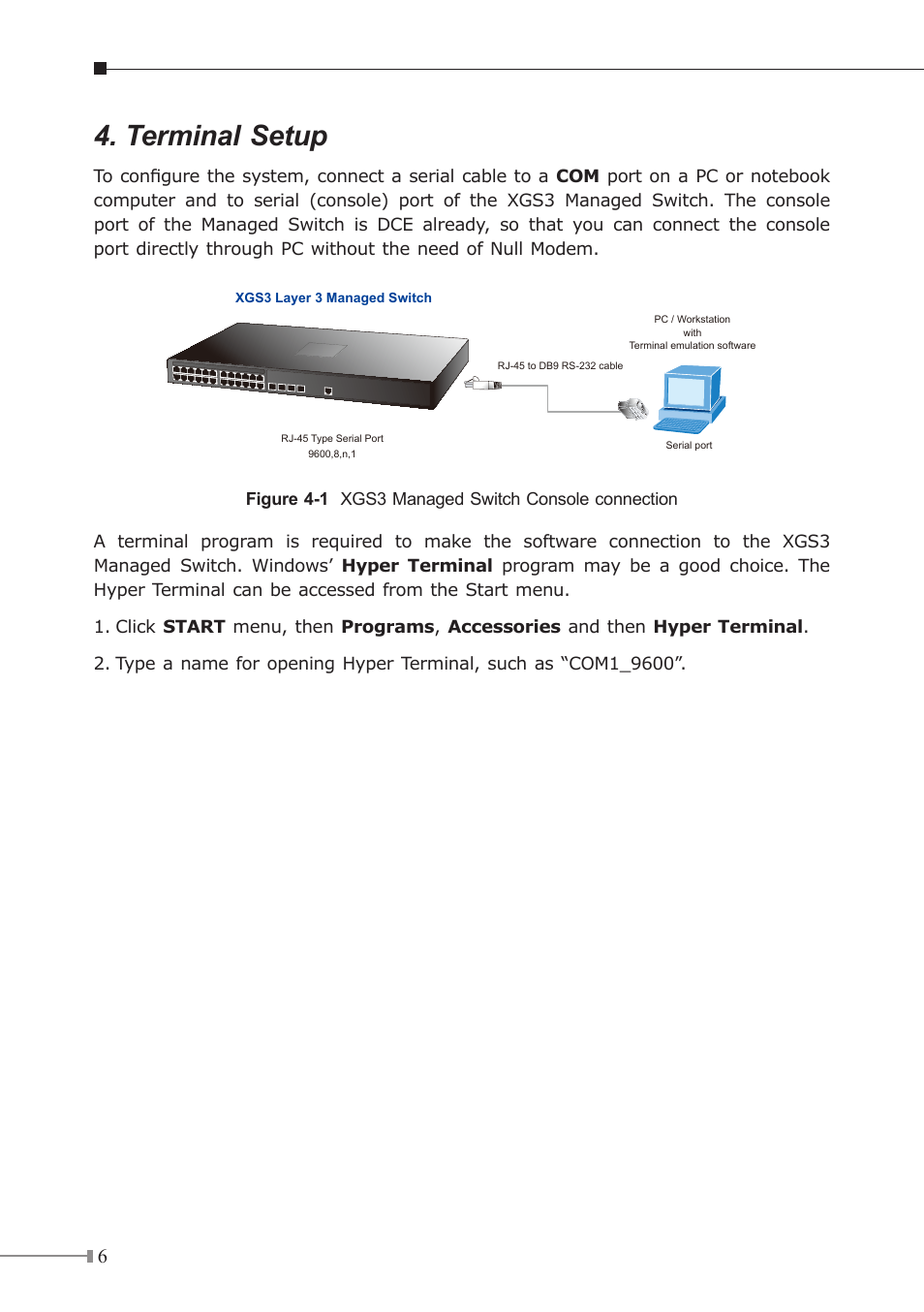Terminal setup | PLANET XGS3-24040 User Manual | Page 6 / 16