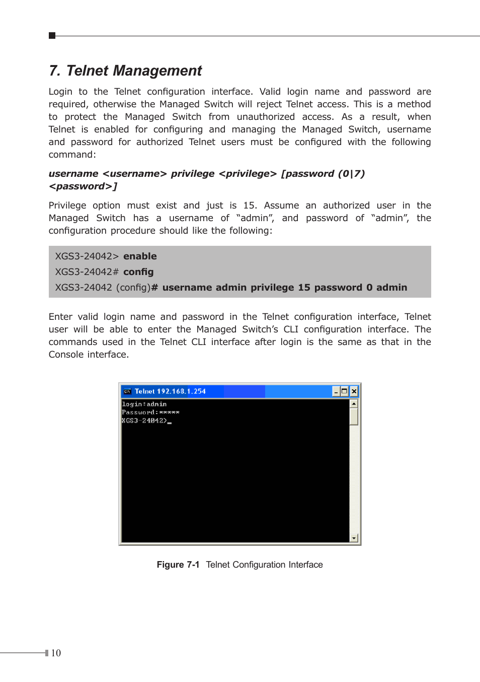 Telnet management | PLANET XGS3-24042 User Manual | Page 10 / 16
