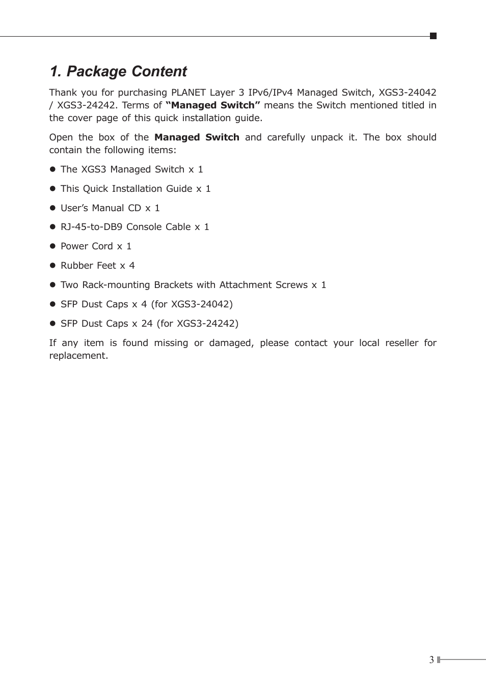 Package content | PLANET XGS3-24042 User Manual | Page 3 / 16