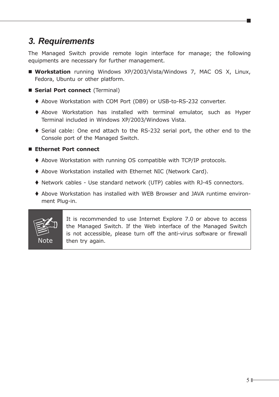 Requirements | PLANET XGS3-24042 User Manual | Page 5 / 16