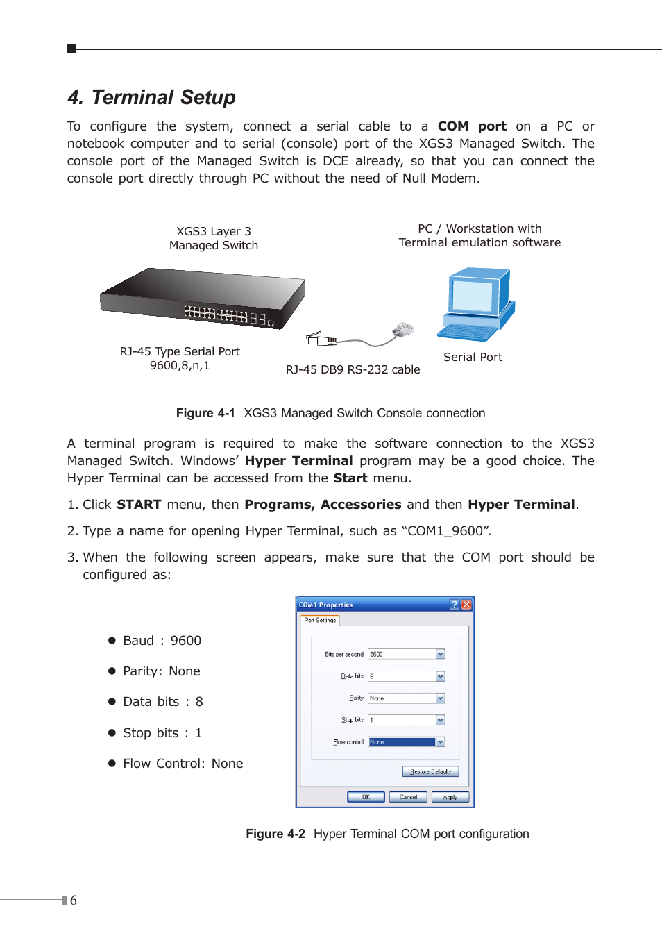 Terminal setup | PLANET XGS3-24042 User Manual | Page 6 / 16