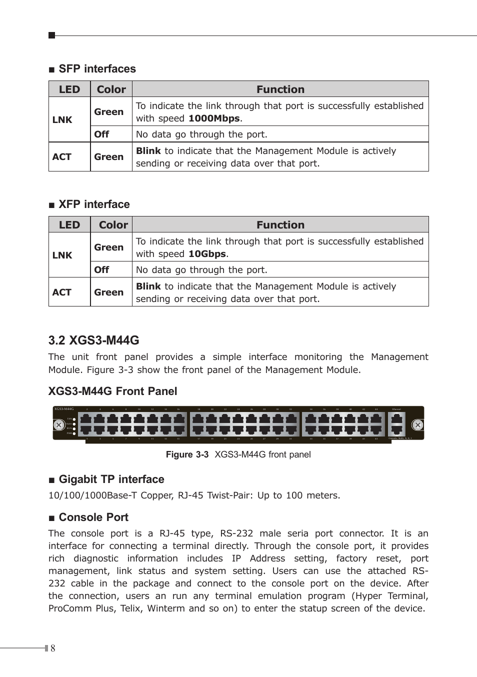 2 xgs3-m44g, Sfp interfaces, Xfp interface | Xgs3-m44g front panel, Gigabit tp interface, Console port, Led color function | PLANET XGS3-42000R User Manual | Page 8 / 16