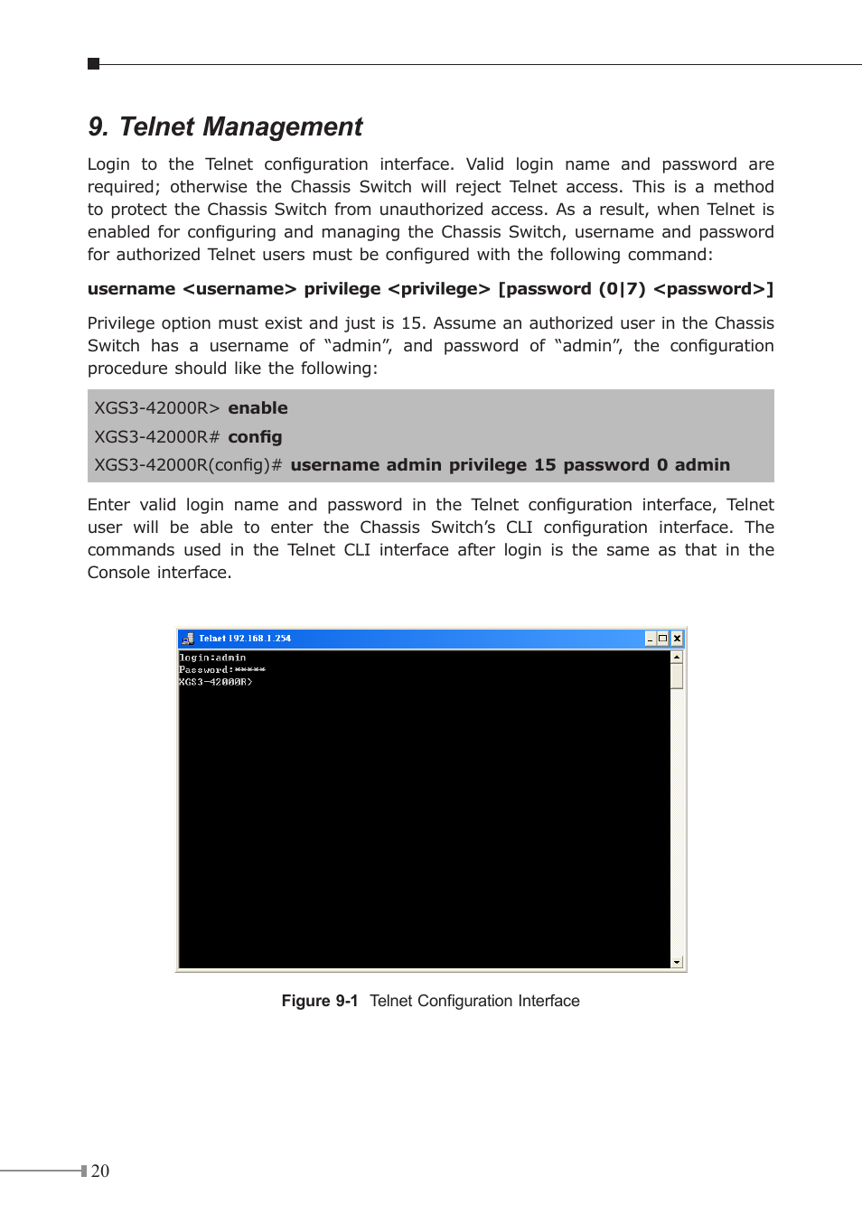 Telnet management | PLANET XGS3-42000R User Manual | Page 20 / 24