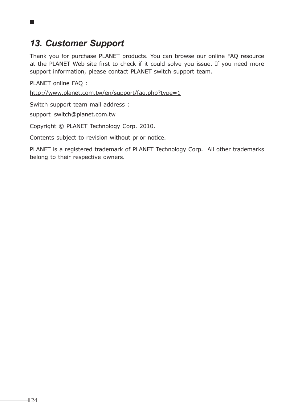 Customer support | PLANET XGS3-42000R User Manual | Page 24 / 24