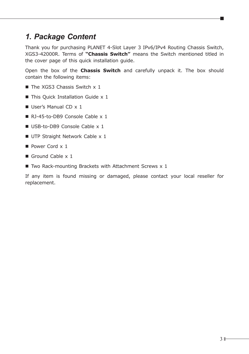 Package content | PLANET XGS3-42000R User Manual | Page 3 / 24