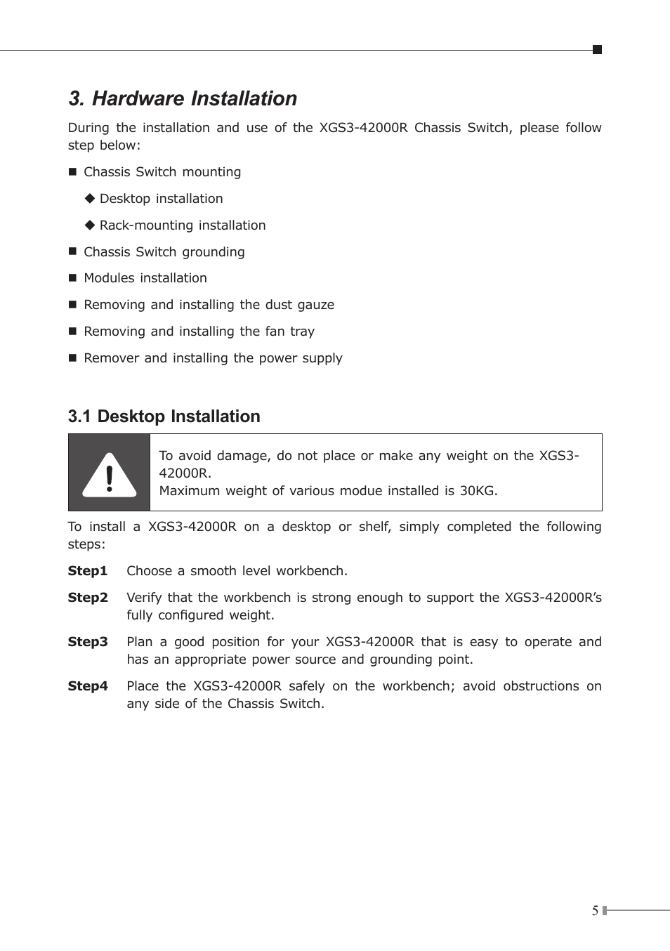 Hardware installation, 1 desktop installation | PLANET XGS3-42000R User Manual | Page 5 / 24