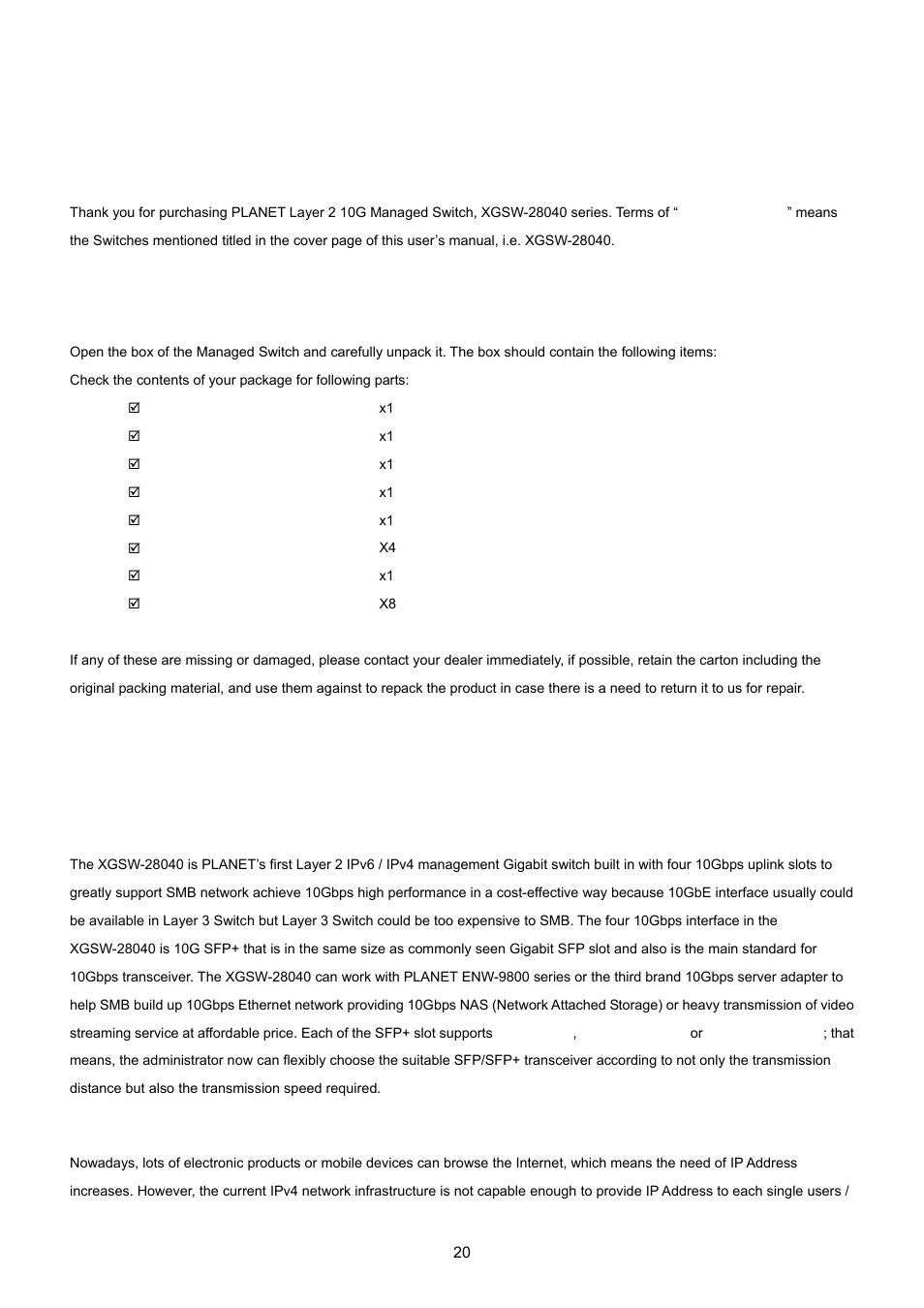 Introdution, 1 packet contents, 2 product description | PLANET XGSW-28040 User Manual | Page 20 / 574