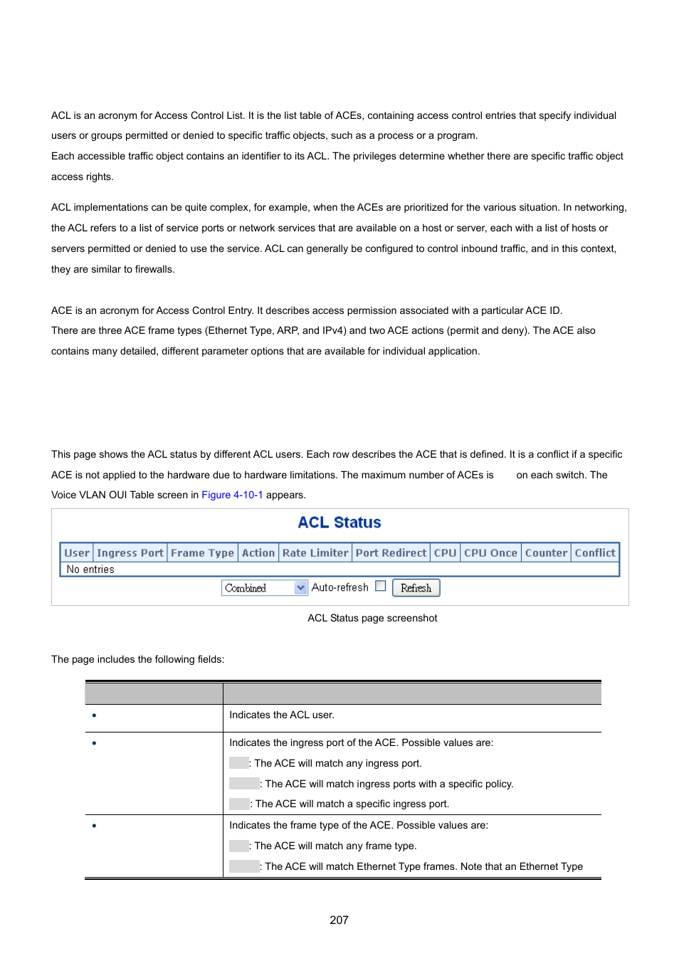 10 access control lists, 1 access control list status | PLANET XGSW-28040 User Manual | Page 207 / 574