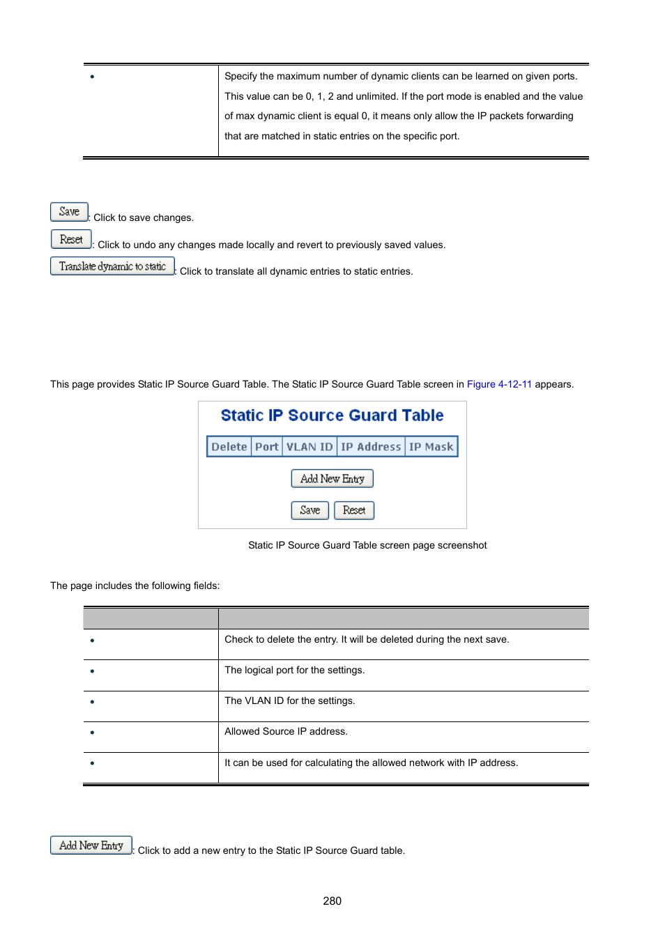 11 ip source guard static table | PLANET XGSW-28040 User Manual | Page 280 / 574