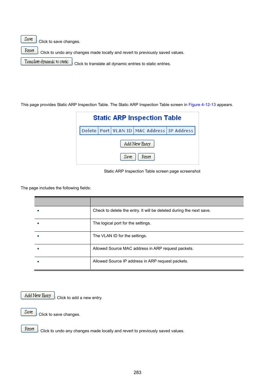 13 arp inspection static table | PLANET XGSW-28040 User Manual | Page 283 / 574