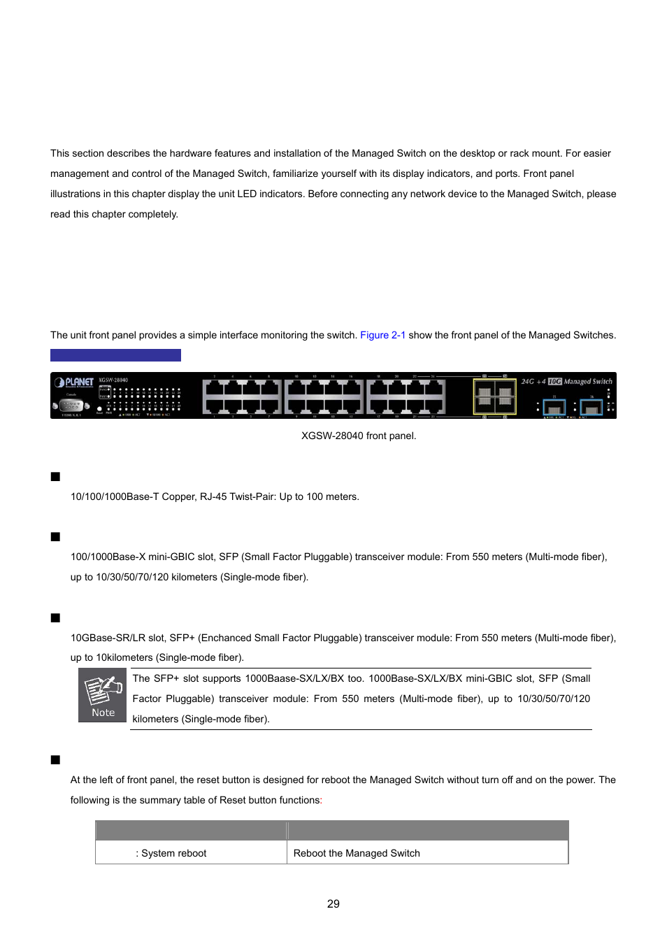 Installation, 1 hardware description, 1 switch front panel | PLANET XGSW-28040 User Manual | Page 29 / 574