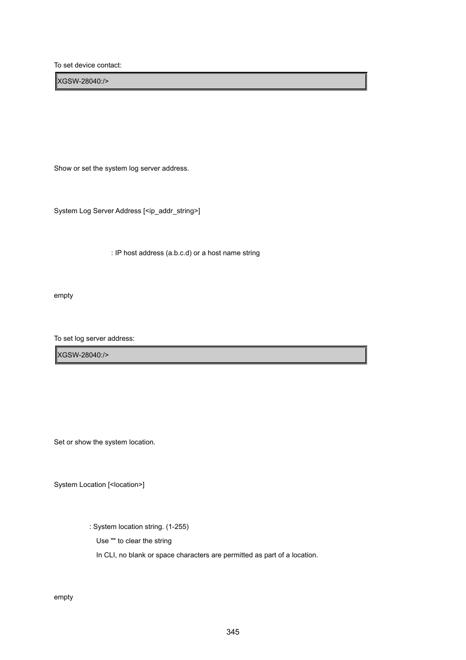 System log server address, System location | PLANET XGSW-28040 User Manual | Page 345 / 574