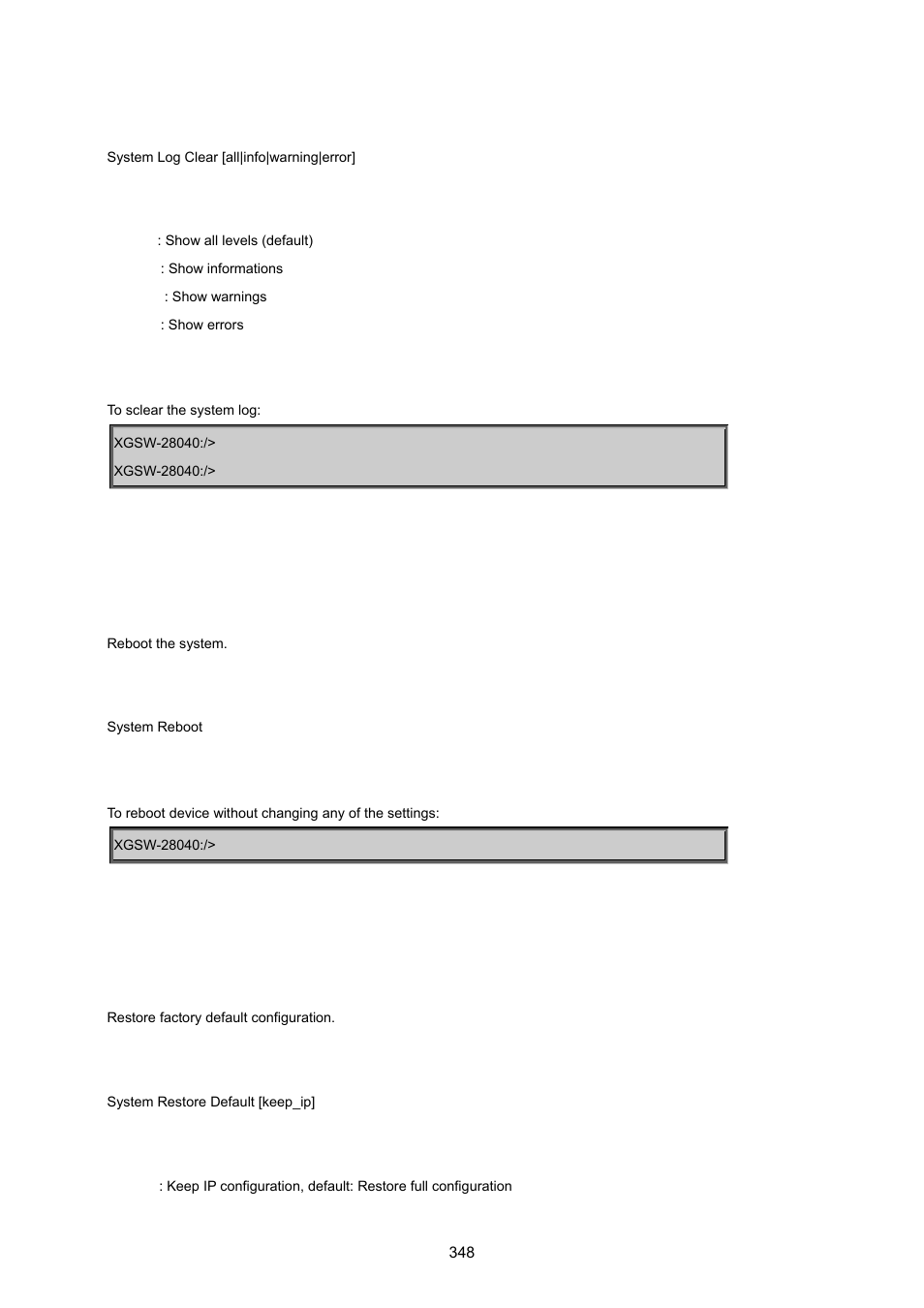 System reboot, System restore default | PLANET XGSW-28040 User Manual | Page 348 / 574
