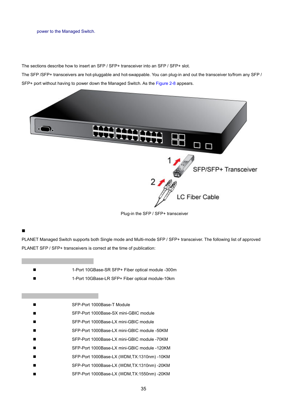 3 installing the sfp / sfp+ transceiver | PLANET XGSW-28040 User Manual | Page 35 / 574