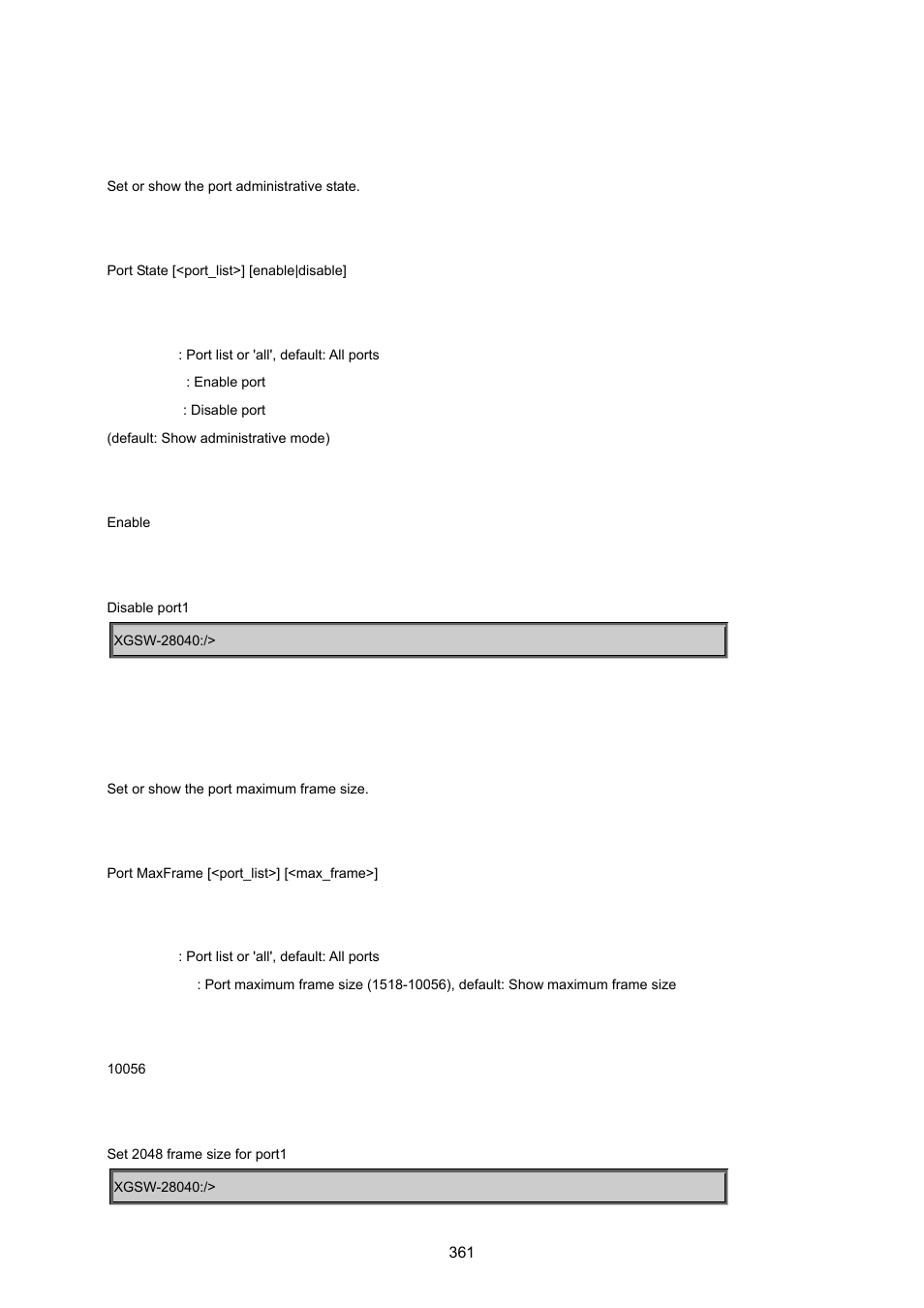 Port state, Port maximum frame | PLANET XGSW-28040 User Manual | Page 361 / 574