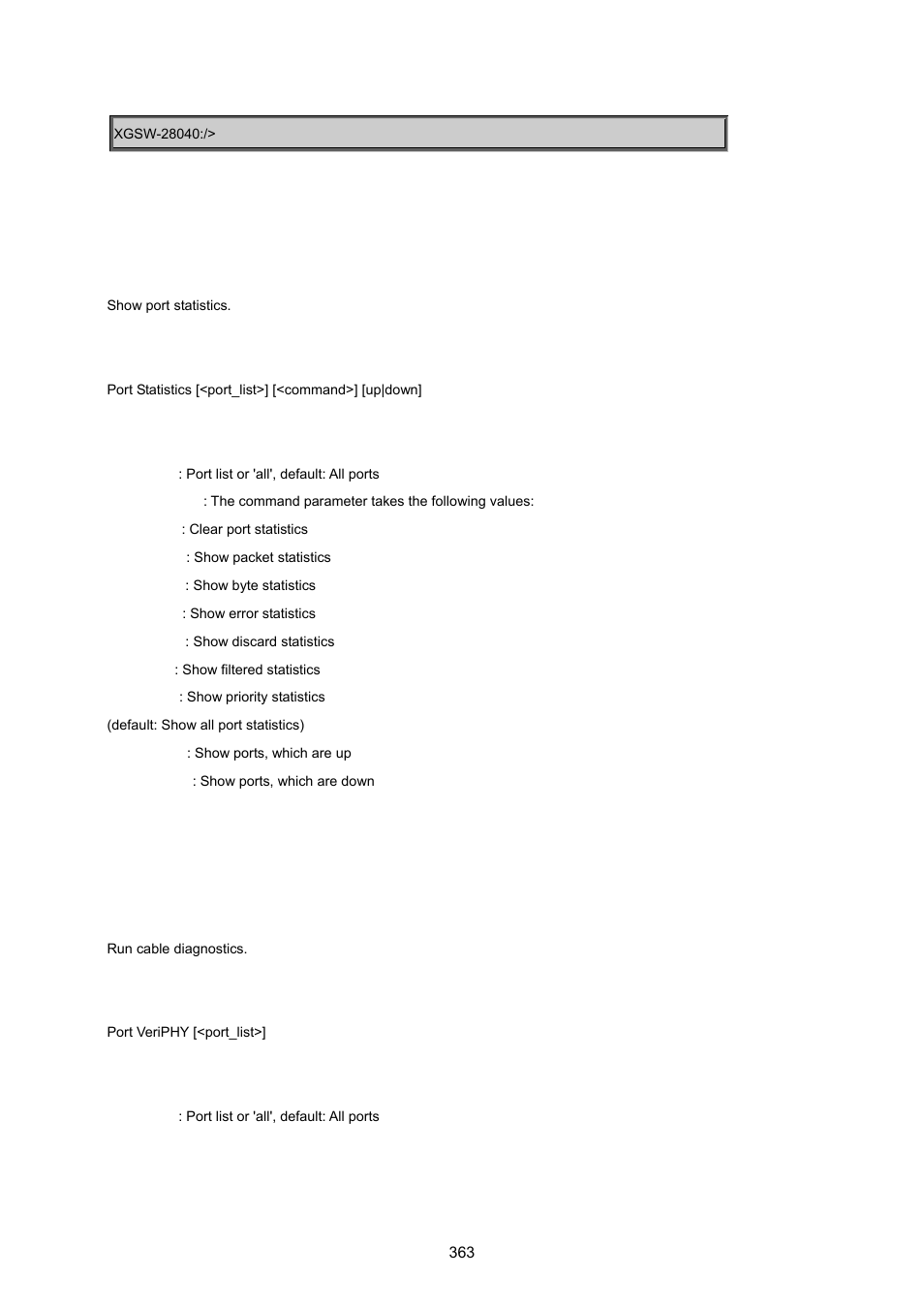 Port statistics, Port veriphy | PLANET XGSW-28040 User Manual | Page 363 / 574