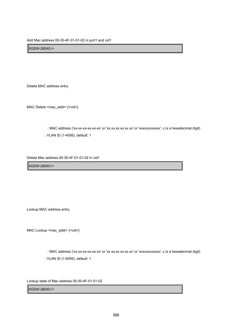 Mac delete, Mac lookup | PLANET XGSW-28040 User Manual | Page 366 / 574