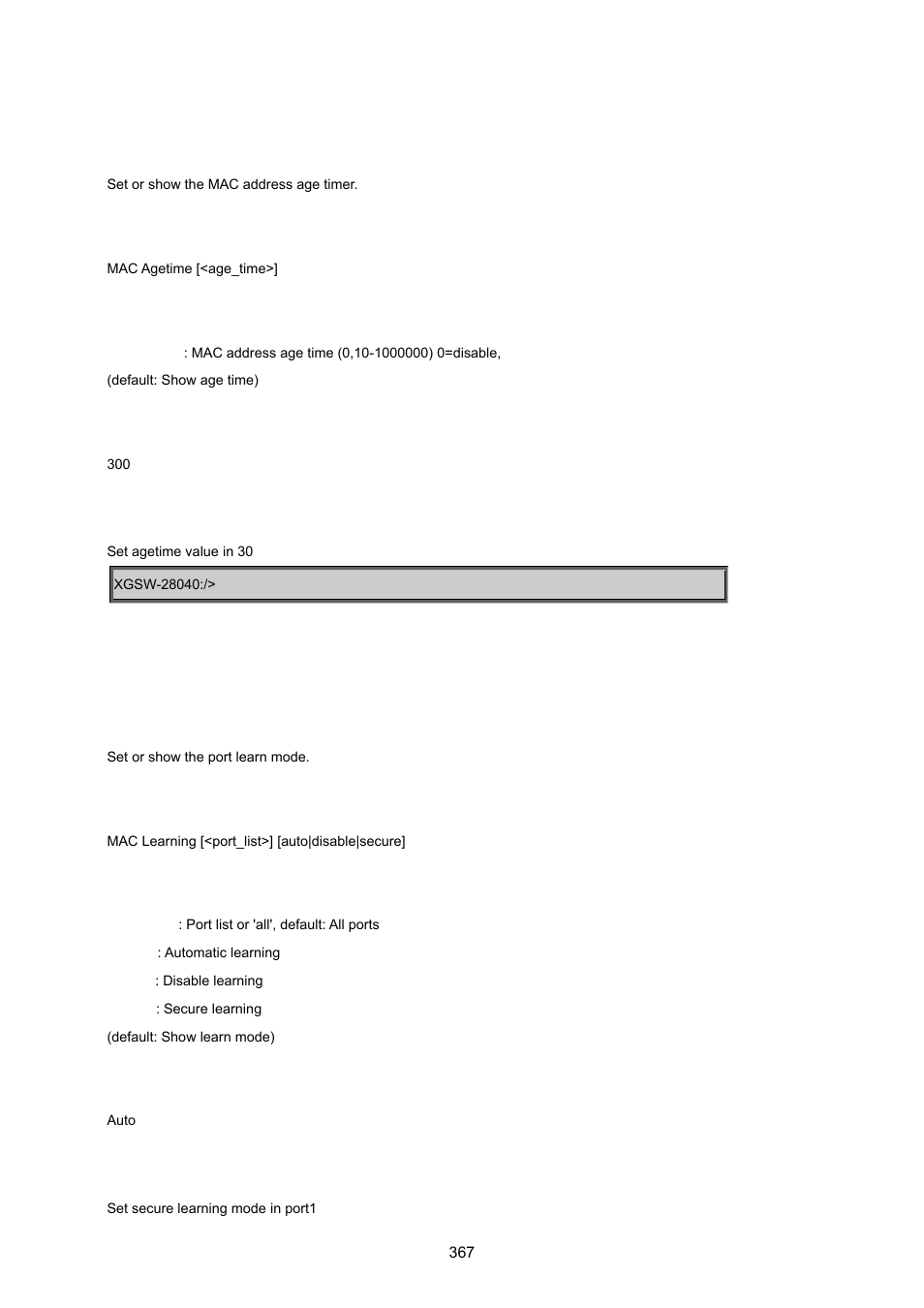 Mac age time, Mac learning | PLANET XGSW-28040 User Manual | Page 367 / 574