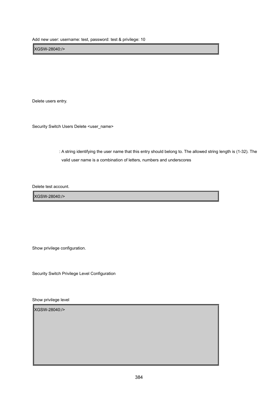 Security switch user delete, Security switch privilege level configuration | PLANET XGSW-28040 User Manual | Page 384 / 574