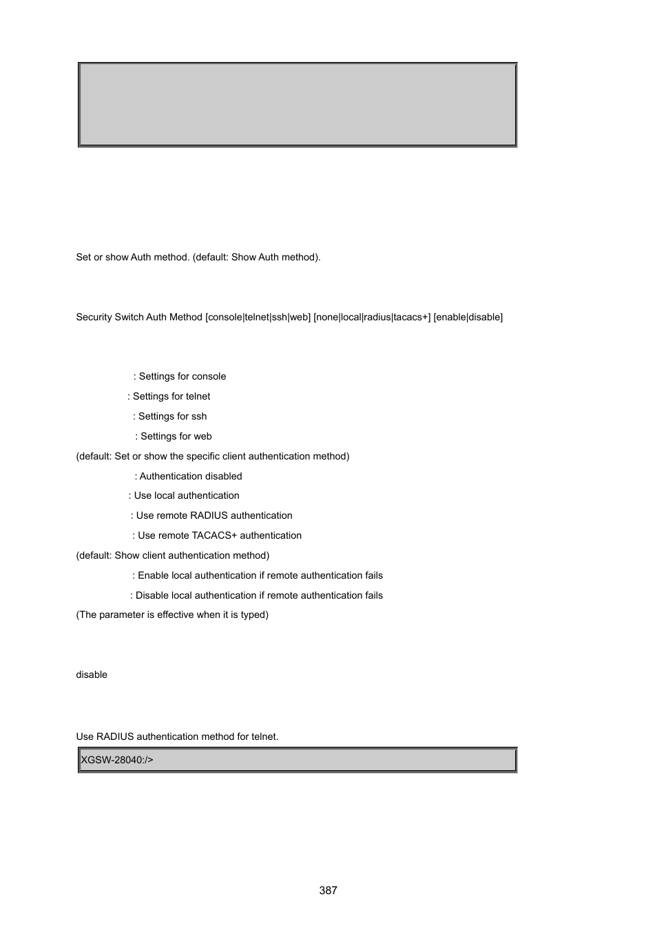 Security switch authentication method | PLANET XGSW-28040 User Manual | Page 387 / 574