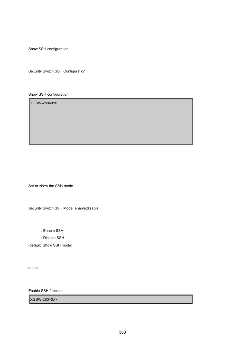 Security switch ssh configuration, Security switch ssh mode | PLANET XGSW-28040 User Manual | Page 388 / 574