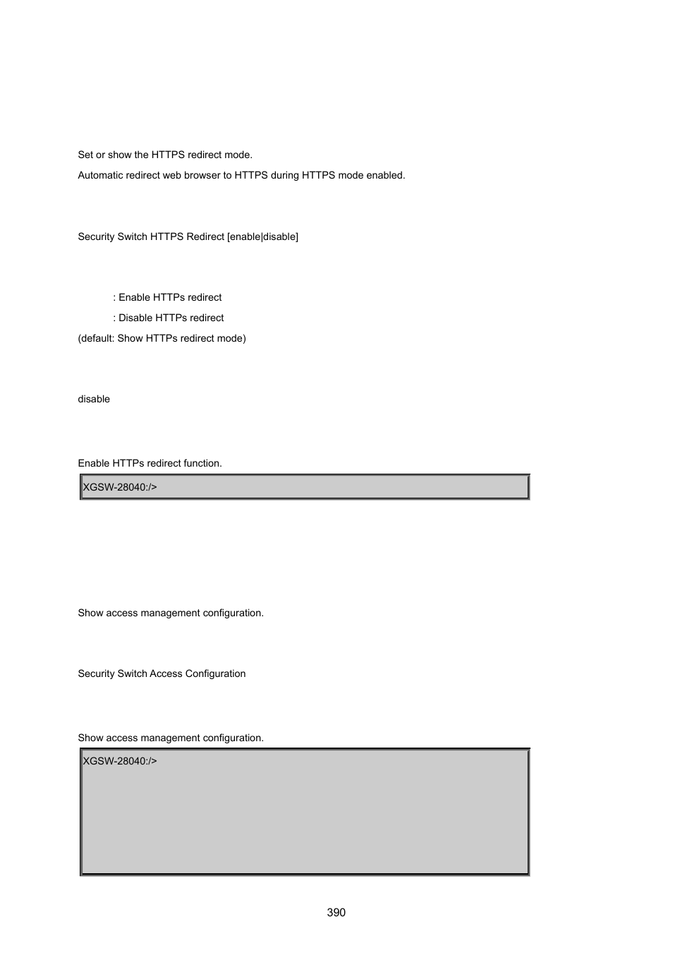 Security switch https redirect, Security switch access configuration | PLANET XGSW-28040 User Manual | Page 390 / 574