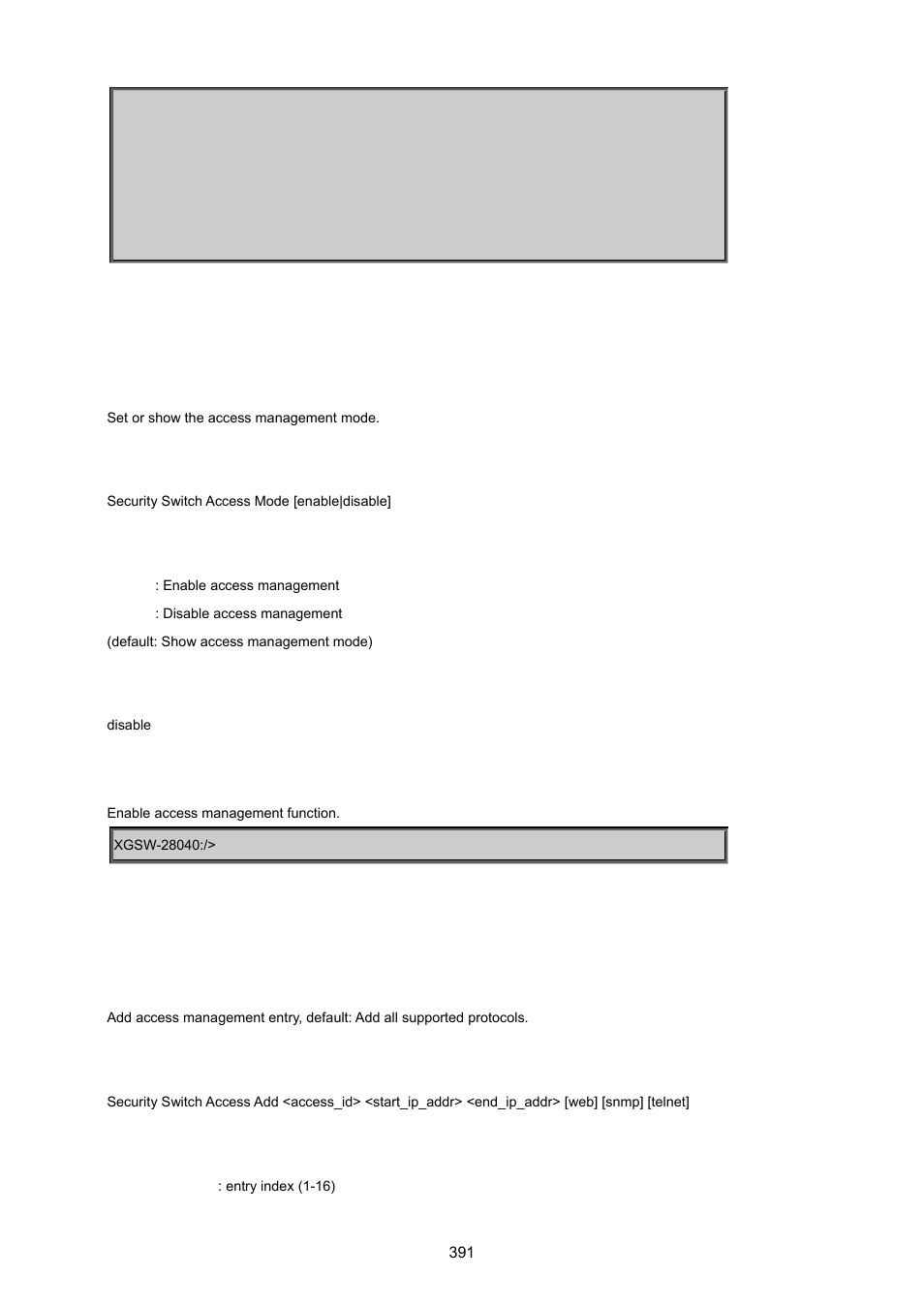 Security switch access mode, Security switch access add | PLANET XGSW-28040 User Manual | Page 391 / 574