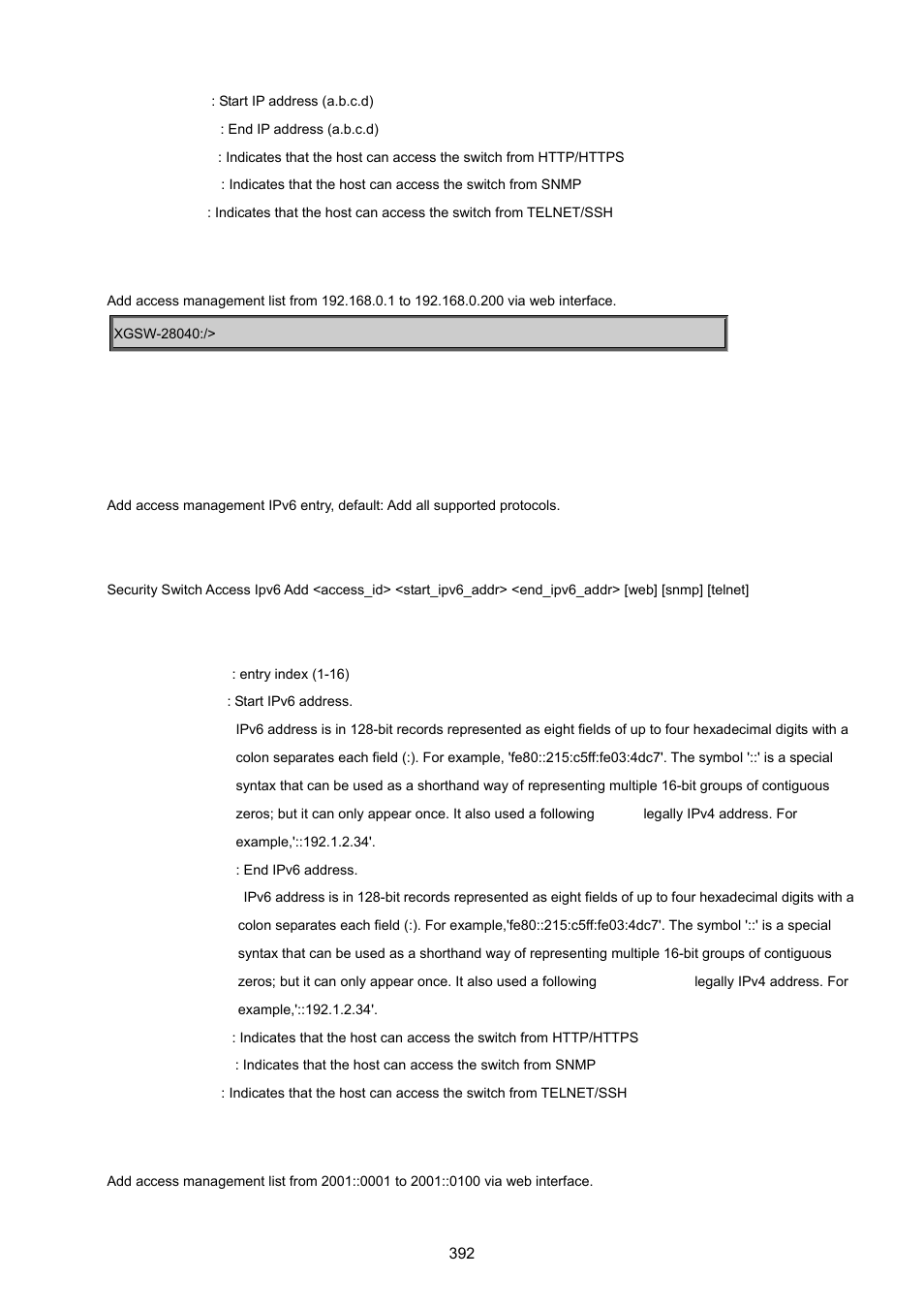 Security switch access ipv6 add | PLANET XGSW-28040 User Manual | Page 392 / 574