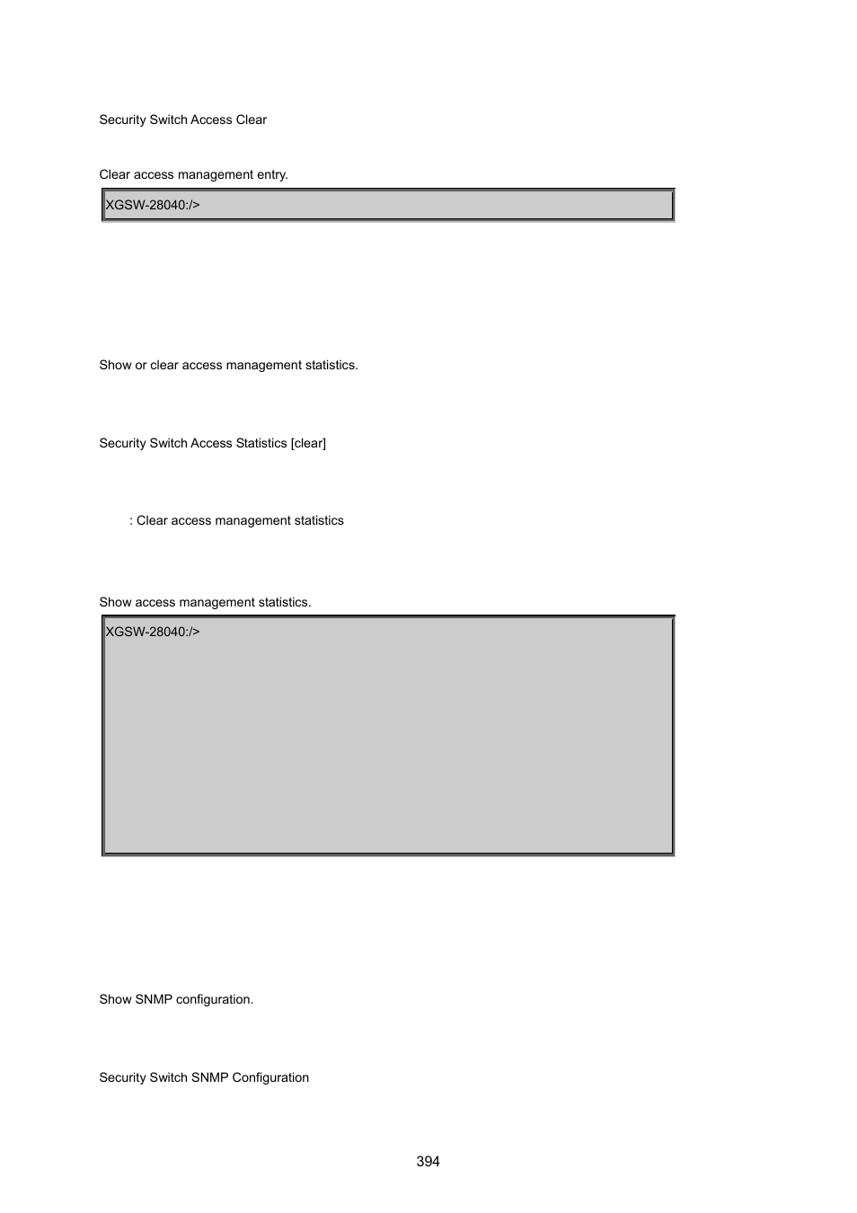 Security switch access statistics, Security switch snmp configuration | PLANET XGSW-28040 User Manual | Page 394 / 574