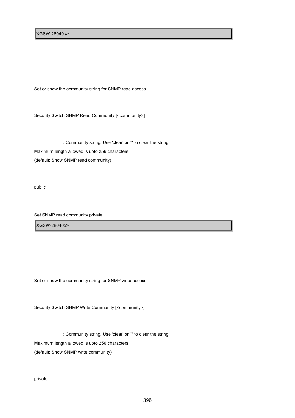 Security switch snmp read community, Security switch snmp write community | PLANET XGSW-28040 User Manual | Page 396 / 574