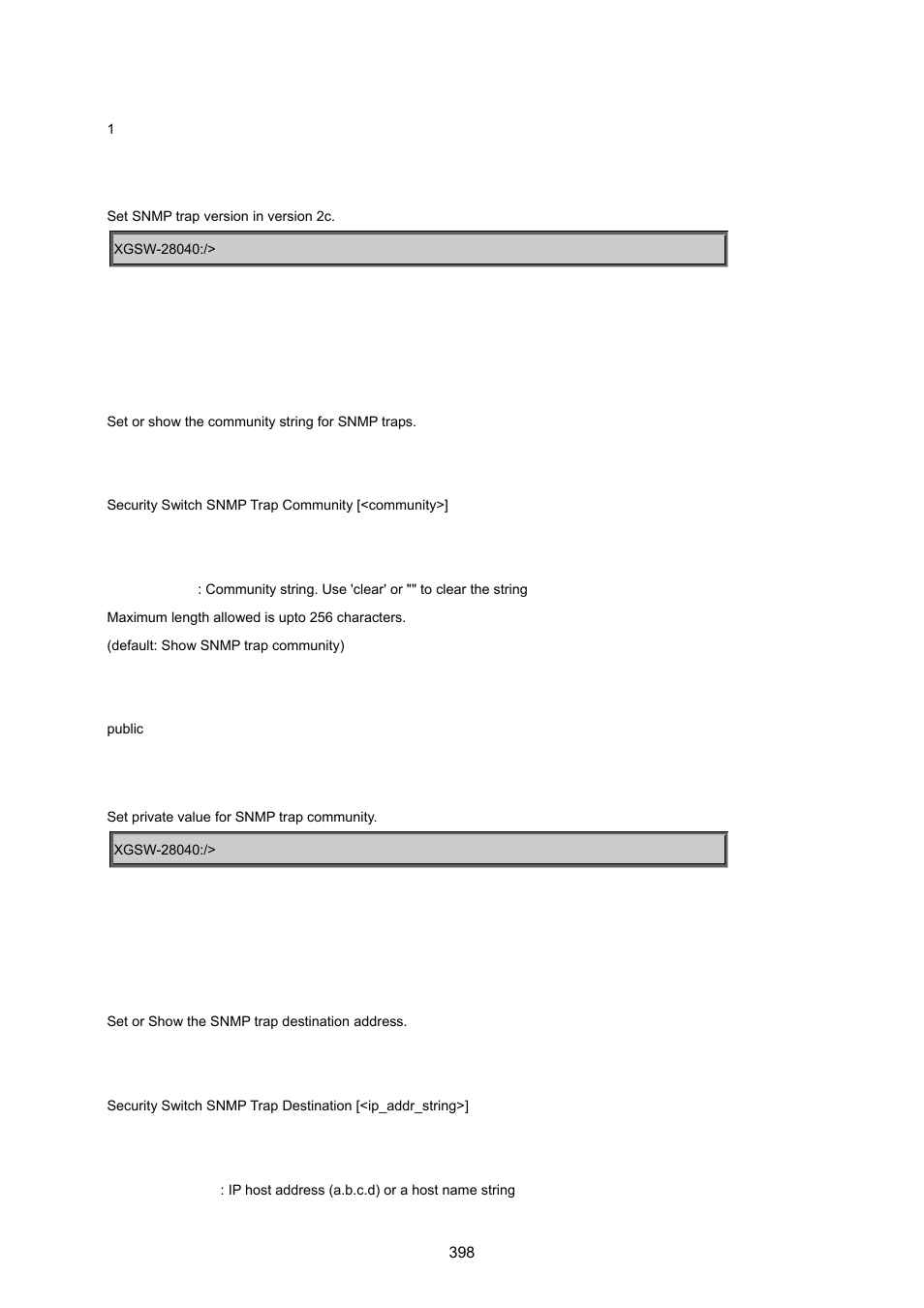 Security switch snmp trap community, Security switch snmp trap destination | PLANET XGSW-28040 User Manual | Page 398 / 574