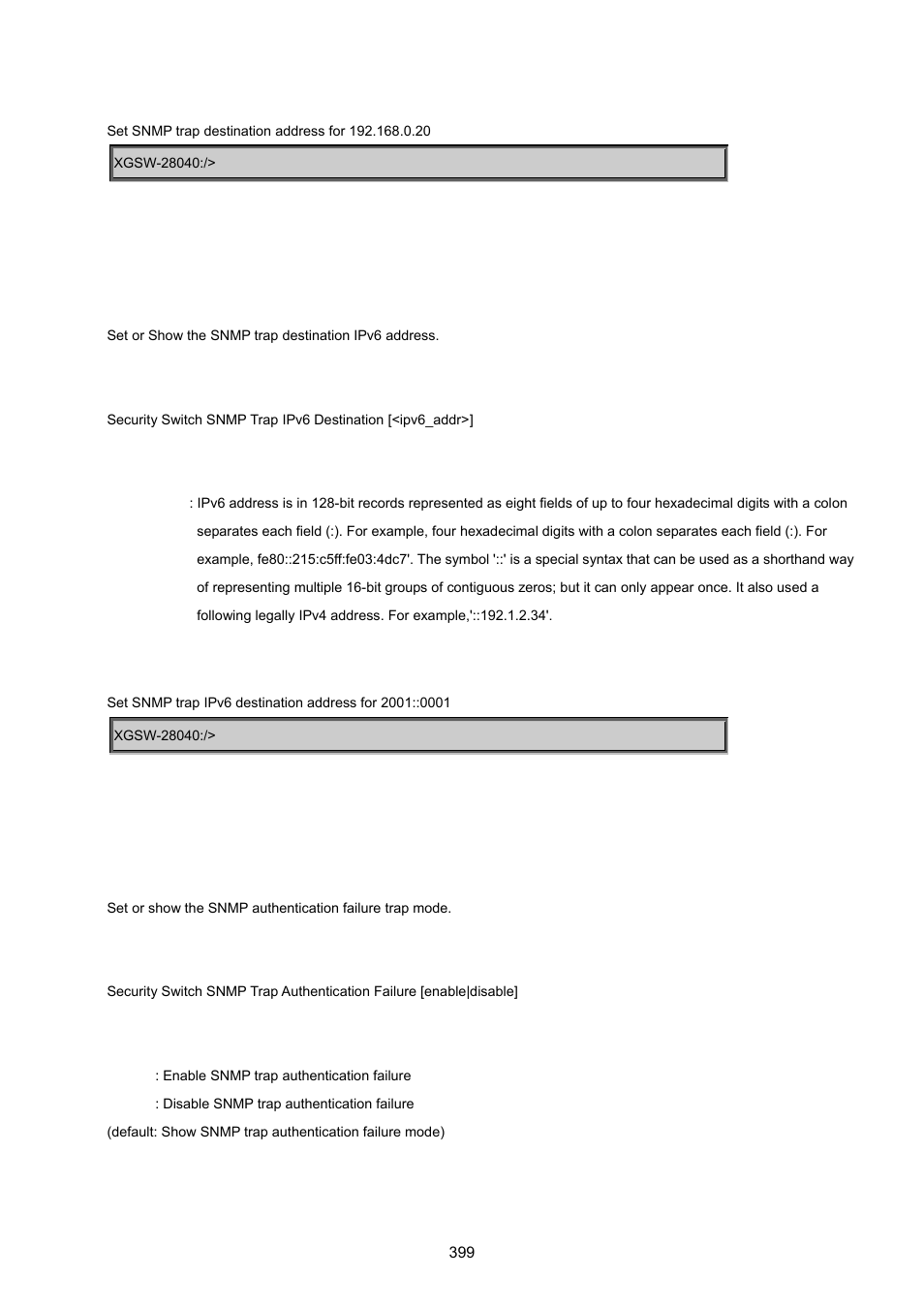 Security switch snmp trap ipv6 destination, Security switch snmp trap authentication failure | PLANET XGSW-28040 User Manual | Page 399 / 574