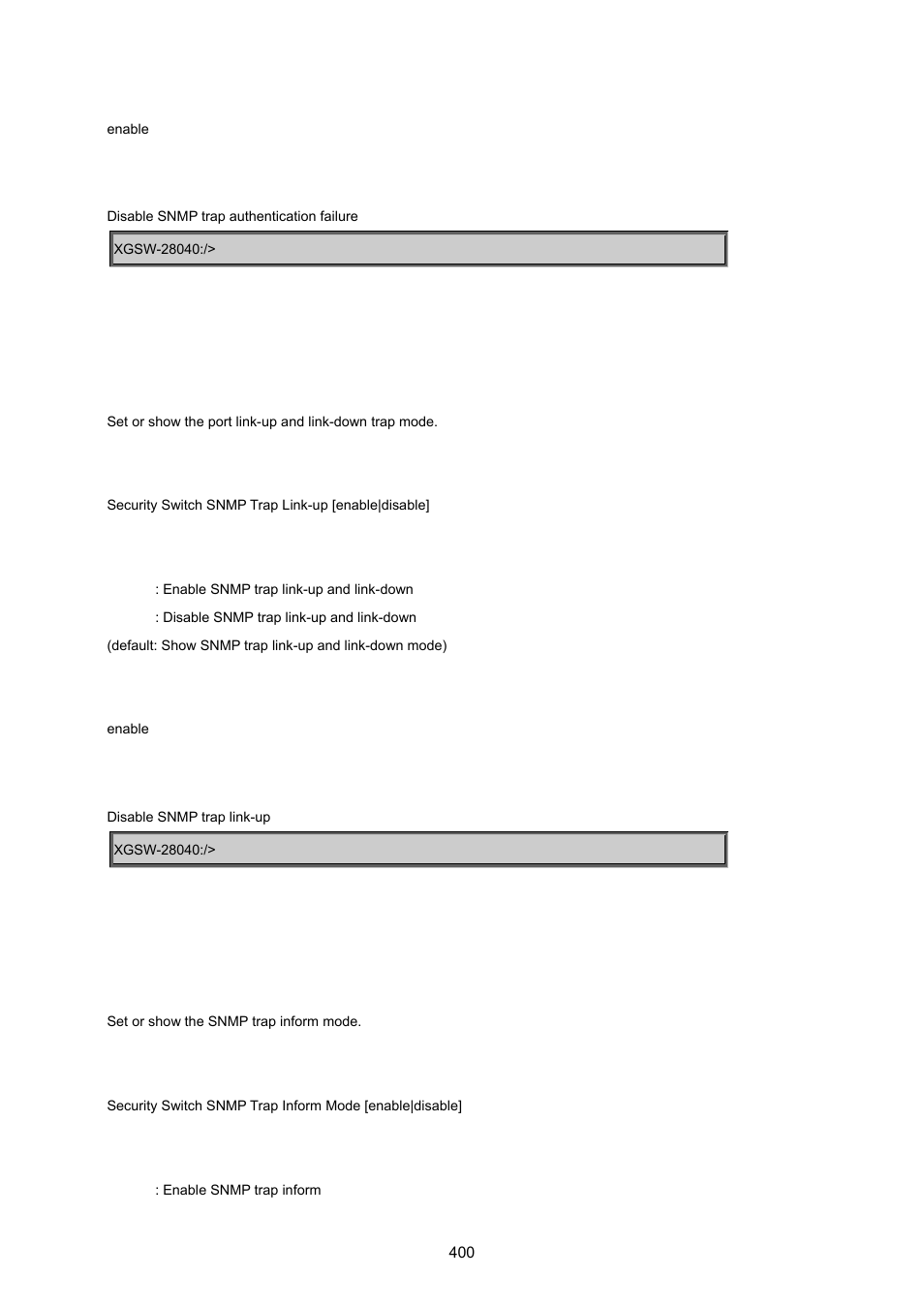 Security switch snmp trap link-up, Security switch snmp trap inform mode | PLANET XGSW-28040 User Manual | Page 400 / 574