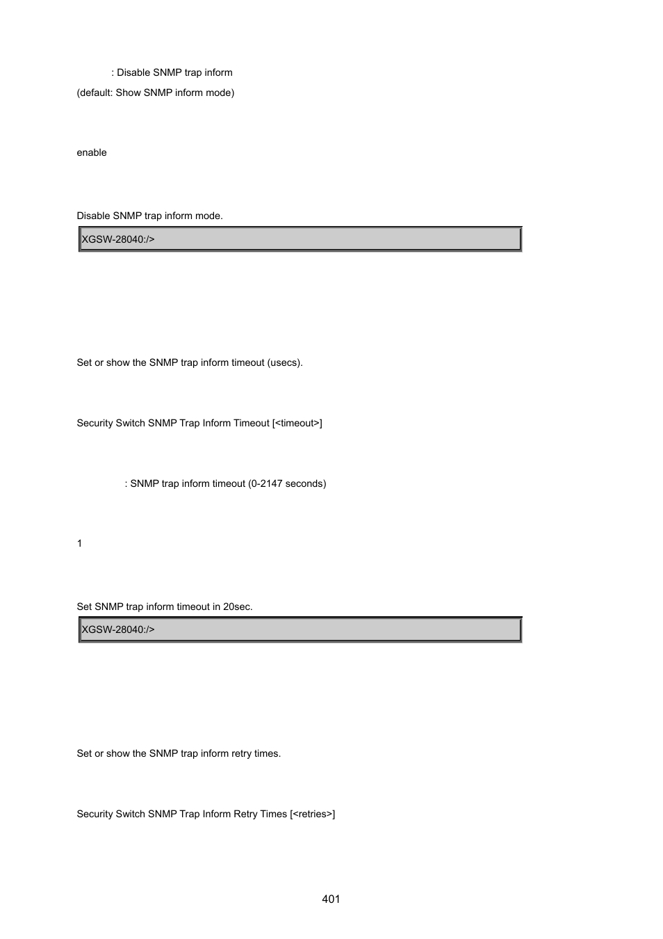 Security switch snmp trap inform timeout, Security switch snmp trap inform retry times | PLANET XGSW-28040 User Manual | Page 401 / 574