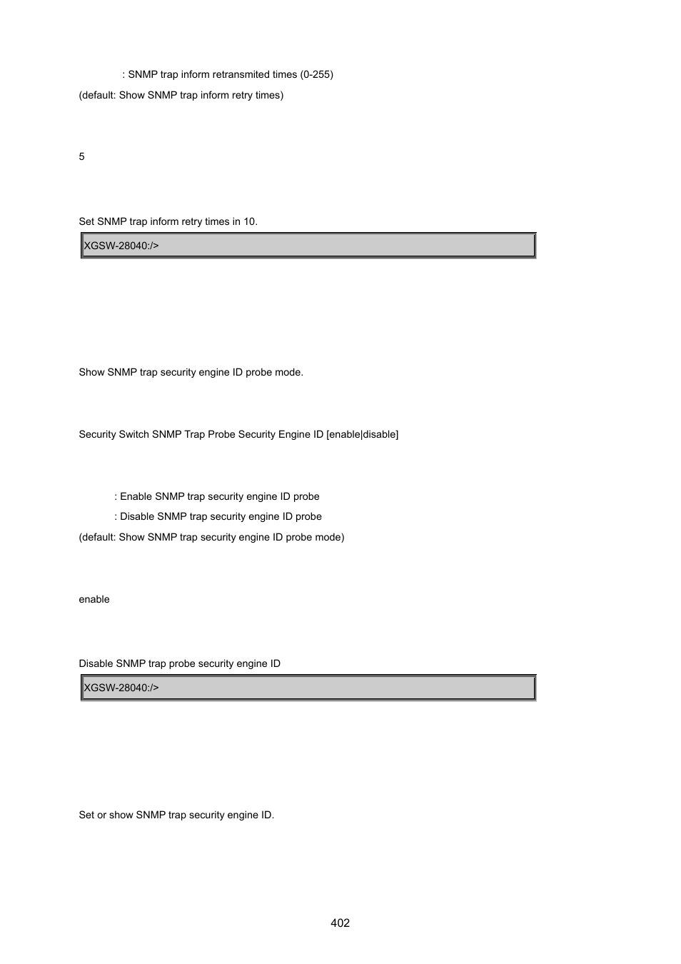 Security switch snmp trap probe security engine id, Security switch snmp trap security engine id | PLANET XGSW-28040 User Manual | Page 402 / 574