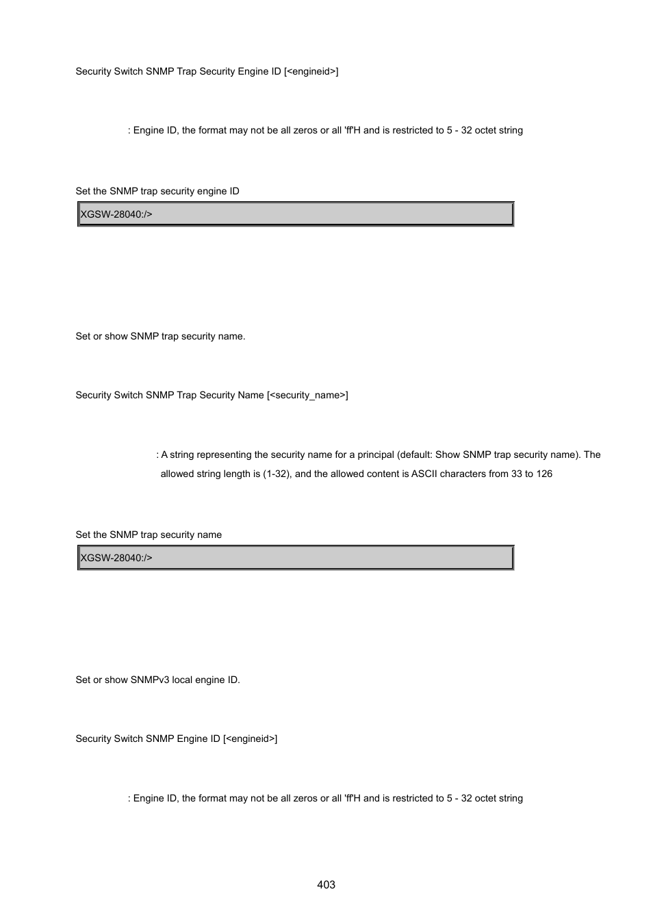 Security switch snmp trap security name, Security switch snmp engine id | PLANET XGSW-28040 User Manual | Page 403 / 574