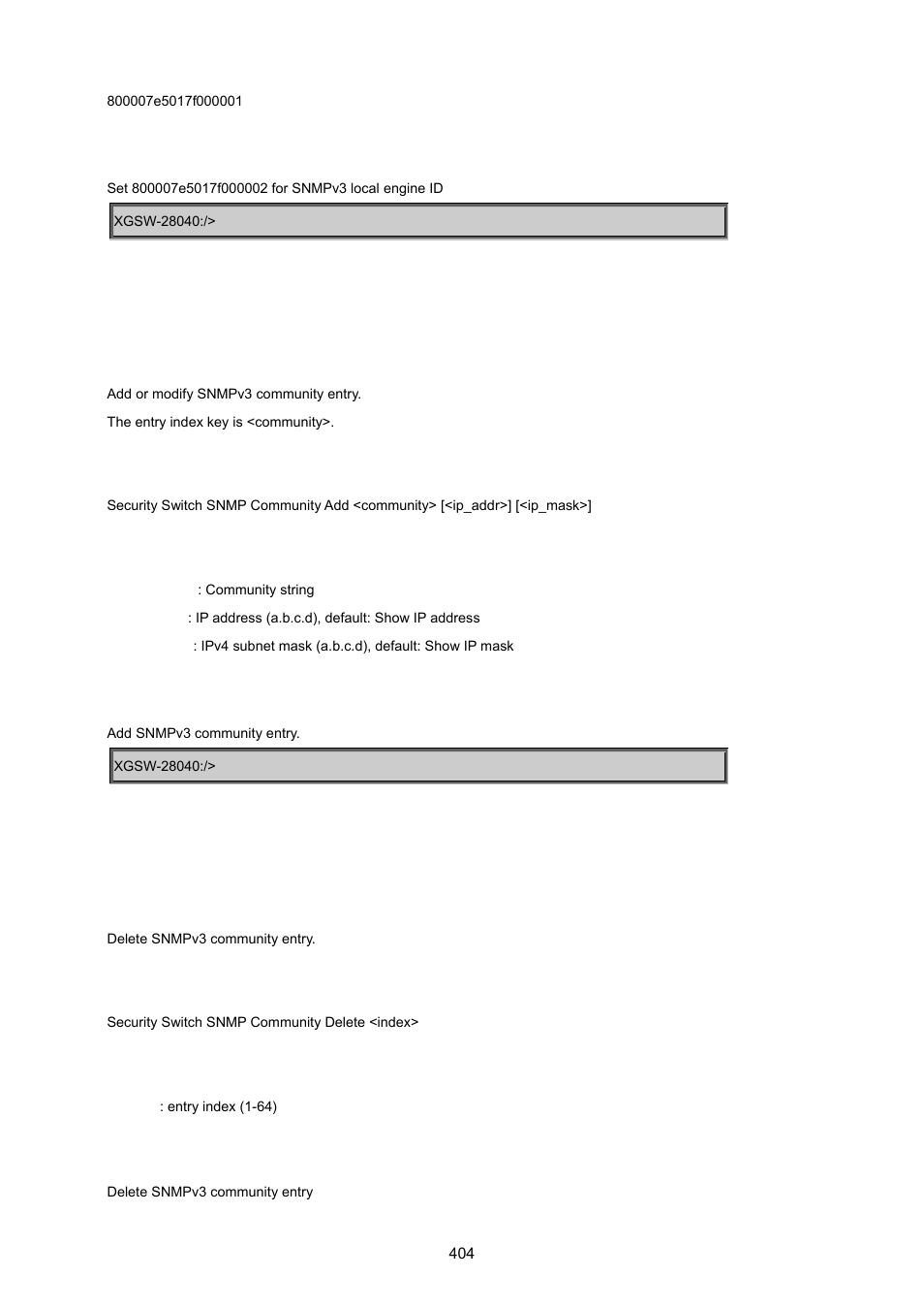 Security switch snmp community add, Security switch snmp community delete | PLANET XGSW-28040 User Manual | Page 404 / 574