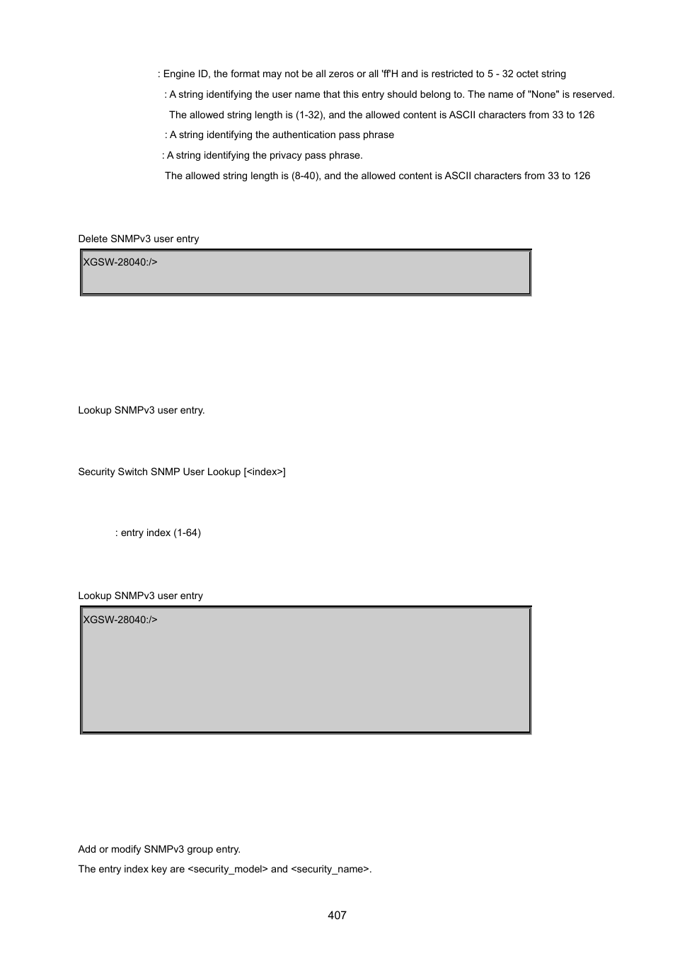 Security switch snmp user lookup, Security switch snmp group add | PLANET XGSW-28040 User Manual | Page 407 / 574