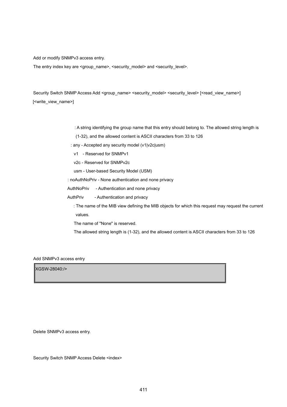 Security switch snmp access add, Security switch snmp access delete | PLANET XGSW-28040 User Manual | Page 411 / 574