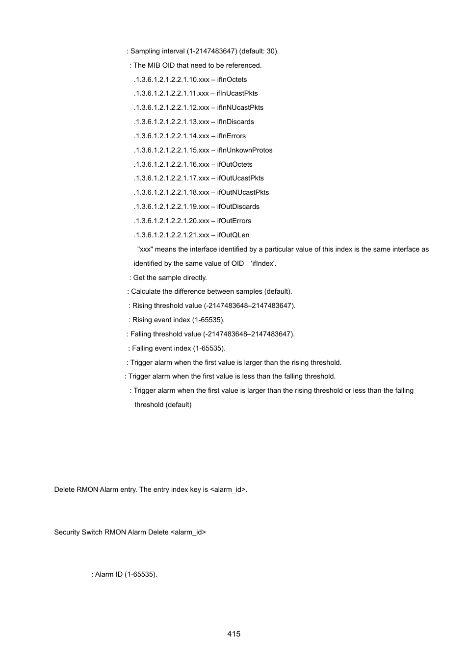 Security switch rmon alarm delete | PLANET XGSW-28040 User Manual | Page 415 / 574