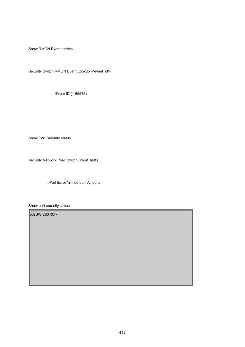 Security switch rmon event lookup, Security network psec switch, Security network psec port | PLANET XGSW-28040 User Manual | Page 417 / 574